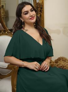 Plus Self Tie Ruffle Wrap Chiffon Dress - Dark Green - View 7