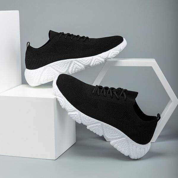

Men Lace Up Decor Knit Sneakers, Black