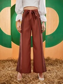 MAPI High Waist Colour Block Belted Wide Leg Trousers - Rust Brown - View 1