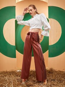 MAPI High Waist Colour Block Belted Wide Leg Trousers - Rust Brown - View 2