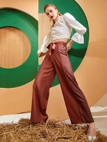 MAPI High Waist Colour Block Belted Wide Leg Trousers - Rust Brown - View 5