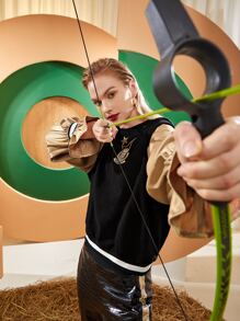 MIKYLIE Embroidery Patched Chain Detail Striped Tape Flounce Sleeve 2 In 1 Pullover - Black - View 1