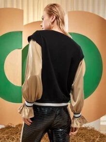 MIKYLIE Embroidery Patched Chain Detail Striped Tape Flounce Sleeve 2 In 1 Pullover - Black - View 2