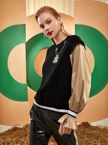 MIKYLIE Embroidery Patched Chain Detail Striped Tape Flounce Sleeve 2 In 1 Pullover - Black - View 3