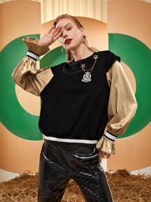 MIKYLIE Embroidery Patched Chain Detail Striped Tape Flounce Sleeve 2 In 1 Pullover - Black - View 4