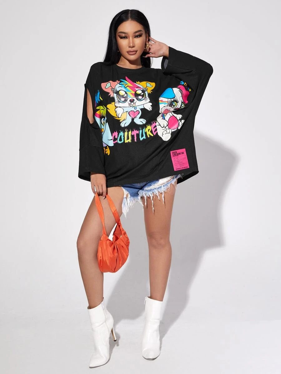 NO NAME Áo thun nữ Cắt ra Hoạt hình Slogan Giải trí - màu đen - Xem 1