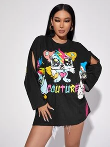 NO NAME Áo thun nữ Cắt ra Hoạt hình Slogan Giải trí - màu đen - Xem 4