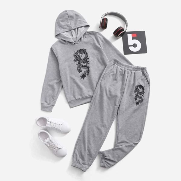 

Boys Chinese Dragon Print Hoodie & Joggers Set, Grey