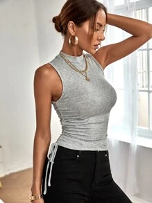 SHEIN Essnce Mock Neck Knot Side Ruched Tank Top - Light Grey - View 3