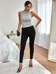 SHEIN Essnce Mock Neck Knot Side Ruched Tank Top - Light Grey - View 4