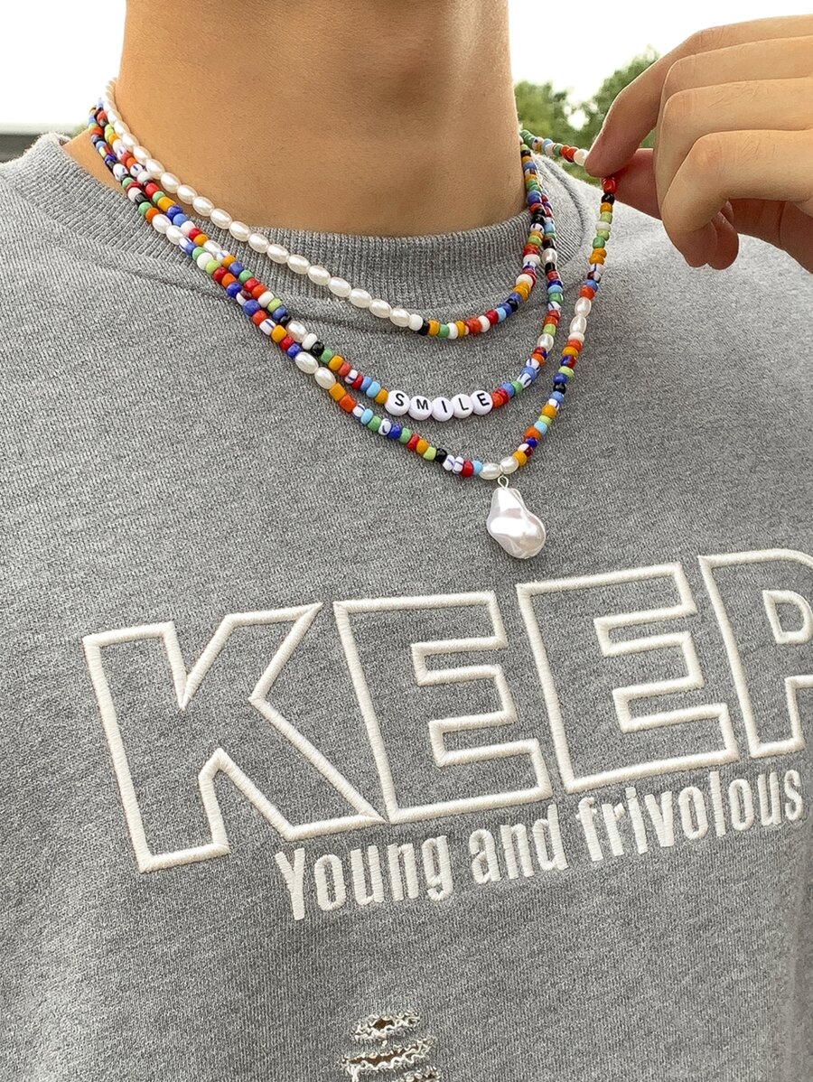 Fashionable and Popular 3pcs Men Letter Decor Beaded Necklace for Vacation and for a Stylish Look - Multicolor - View 1