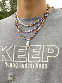 Fashionable and Popular 3pcs Men Letter Decor Beaded Necklace for Vacation and for a Stylish Look - Multicolor - View 3