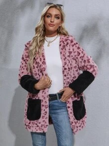 SHEIN Essnce Heart Print Drop Shoulder Contrast Panel Hooded Fuzzy Coat - Pink - View 1