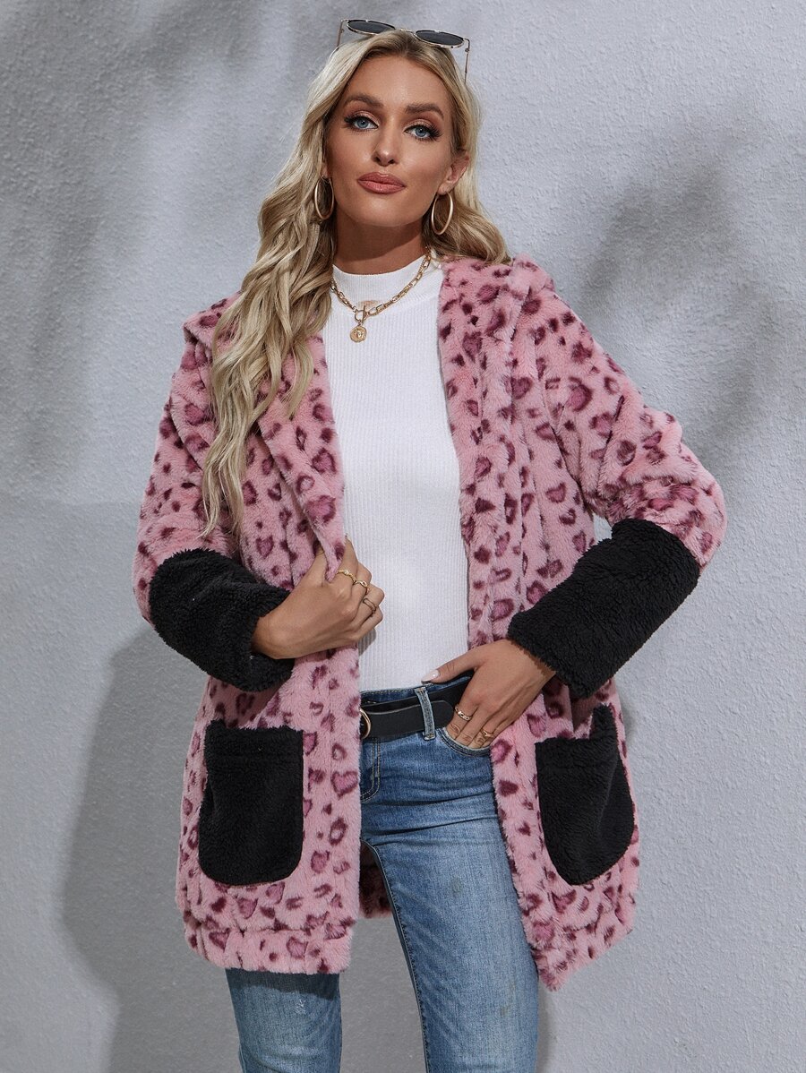 SHEIN Essnce Heart Print Drop Shoulder Contrast Panel Hooded Fuzzy Coat - Pink - View 1