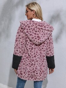 SHEIN Essnce Heart Print Drop Shoulder Contrast Panel Hooded Fuzzy Coat - Pink - View 2