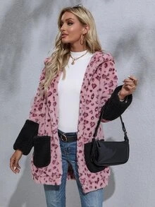 SHEIN Essnce Heart Print Drop Shoulder Contrast Panel Hooded Fuzzy Coat - Pink - View 3