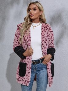 SHEIN Essnce Heart Print Drop Shoulder Contrast Panel Hooded Fuzzy Coat - Pink - View 6