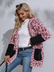 SHEIN Essnce Heart Print Drop Shoulder Contrast Panel Hooded Fuzzy Coat - Pink - View 7