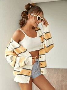 SHEIN 撞色落肩袖前排扣開襟衫 - 彩色 - 查看 3