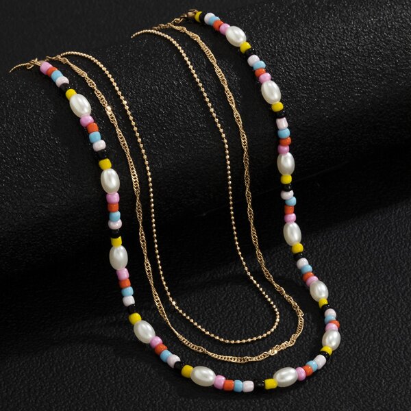 

3pcs Men Faux Pearl Decor Necklace, Multicolor