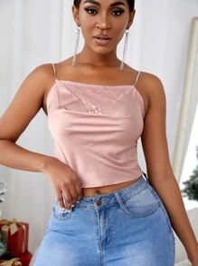 Slaydiva Rhinestone Straps Sequins Insert Draped Satin Cami Top - Dusty Pink - View 1