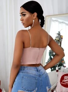 Slaydiva Rhinestone Straps Sequins Insert Draped Satin Cami Top - Dusty Pink - View 2