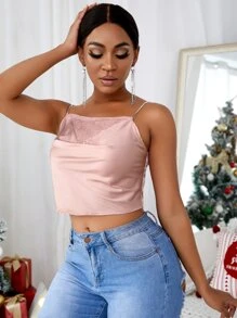 Slaydiva Rhinestone Straps Sequins Insert Draped Satin Cami Top - Dusty Pink - View 4