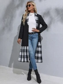 SHEIN Clasi Abrigo panel de cuadros de cuello con solapa
