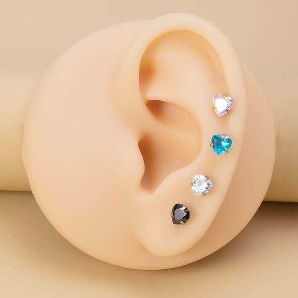 

4pcs Zircon Heart Decor Stud Earrings, Multicolor