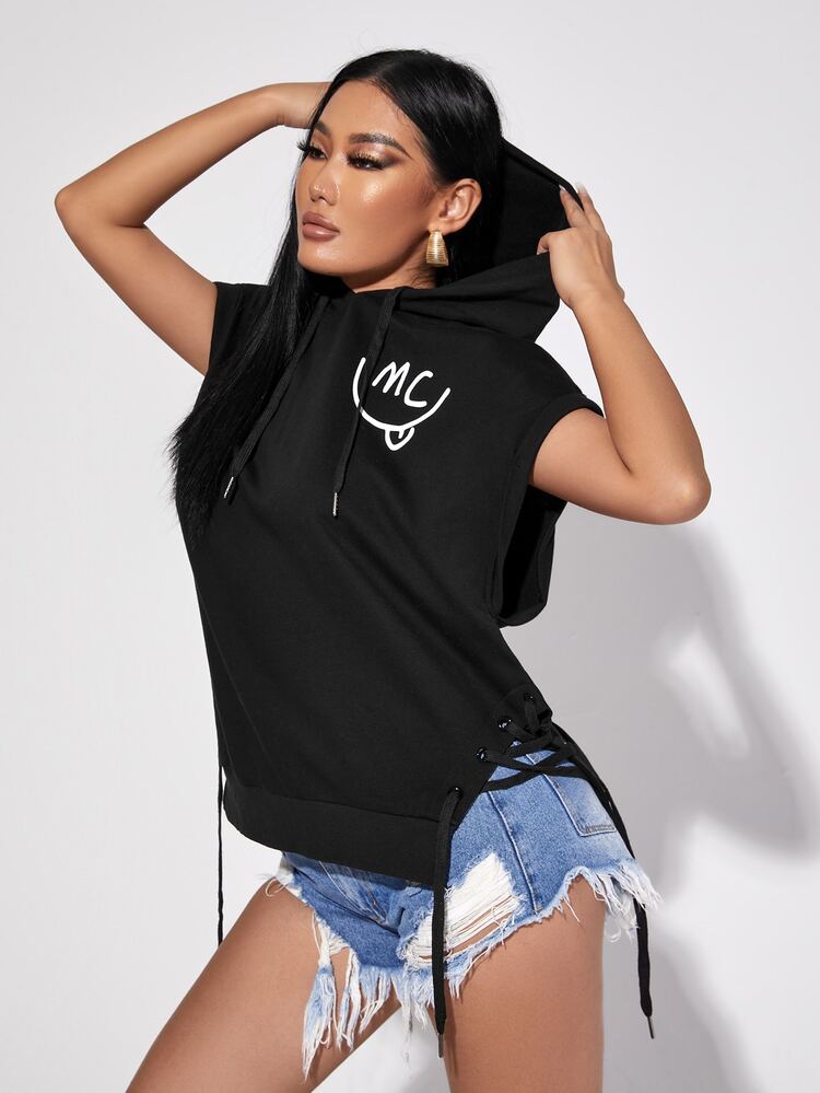 SMILE Felpa con cappuccio con grafica lettera lacci laterali con coulisse - nero - Visualizzare 5