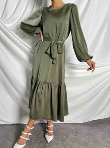 SHEIN Clasi Vestido con cinturón de manga farol bajo con fruncido - Verde militar - Ver 1