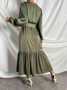SHEIN Clasi Vestido con cinturón de manga farol bajo con fruncido - Verde militar - Ver 2