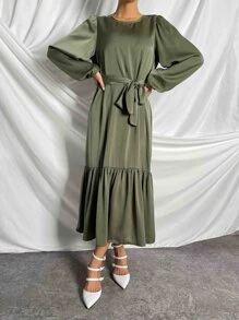 SHEIN Clasi Vestido con cinturón de manga farol bajo con fruncido - Verde militar - Ver 3