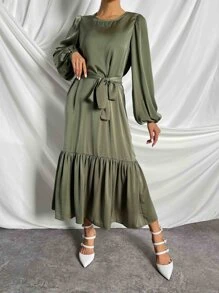 SHEIN Clasi Vestido con cinturón de manga farol bajo con fruncido - Verde militar - Ver 4