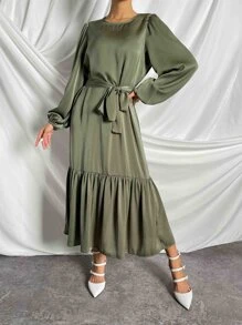 SHEIN Clasi Vestido con cinturón de manga farol bajo con fruncido - Verde militar - Ver 5