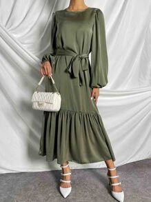 SHEIN Clasi Vestido con cinturón de manga farol bajo con fruncido - Verde militar - Ver 6