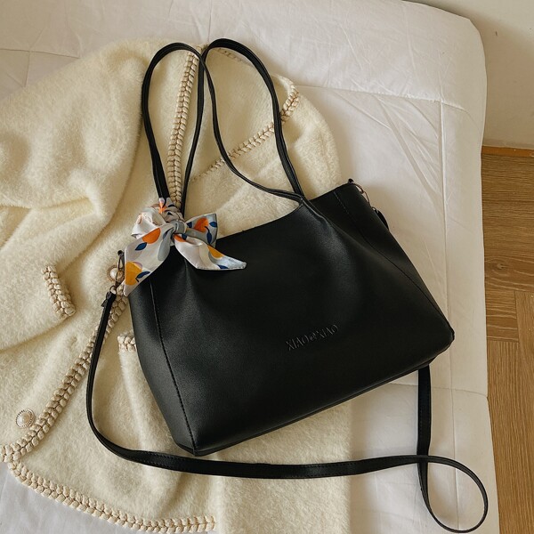 

Twilly Scarf Decor Shoulder Tote Bag, Black