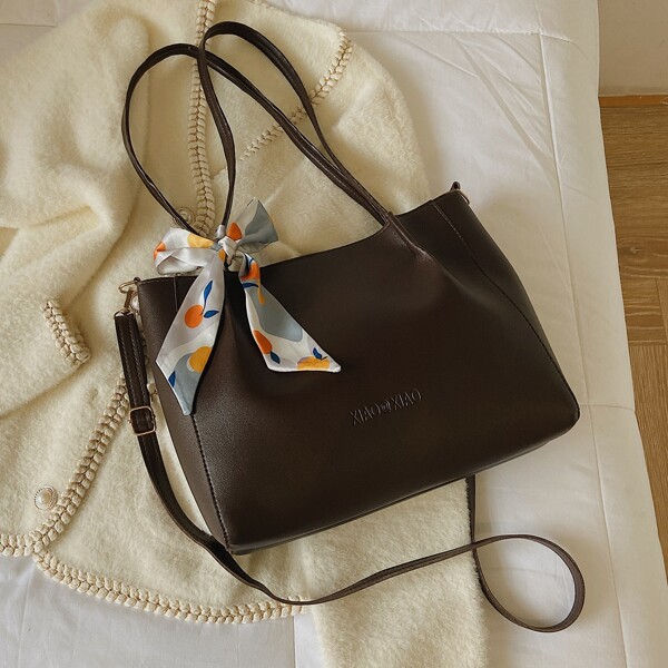 

Twilly Scarf Decor Shoulder Tote Bag, Coffee brown