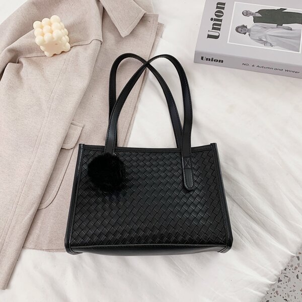

Pom-pom Decor Braided Detail Square Bag, Black