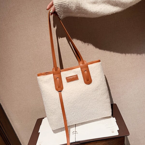 

Fuzzy Letter Patch Shoulder Tote Bag, White