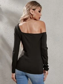 SHEIN VCAY Solid Asymmetrical Neck Tee - Black - View 2