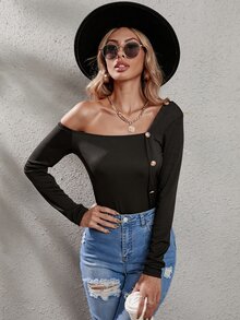 SHEIN VCAY Solid Asymmetrical Neck Tee - Black - View 3