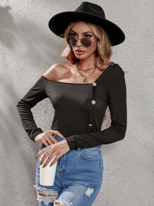 SHEIN VCAY Solid Asymmetrical Neck Tee - Black - View 4