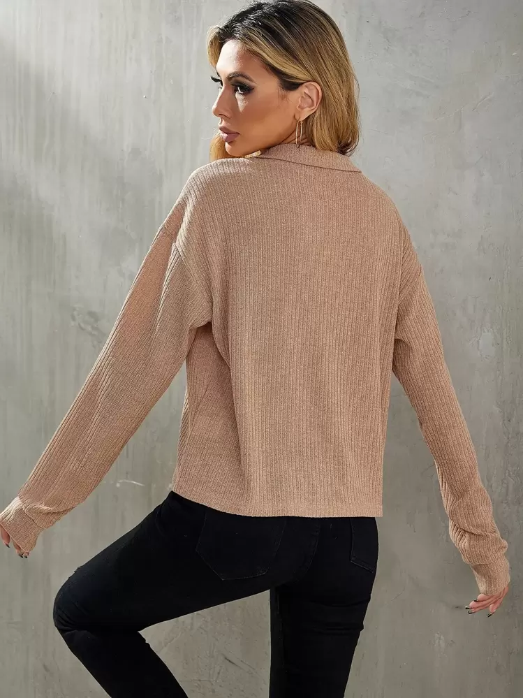 SHEIN LUNE Áo thun nữ Gân đan màu trơn Giải trí - Màu be - Xem 2