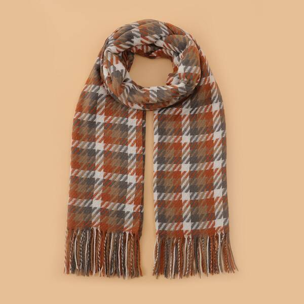 

Houndstooth Pattern Fringe Hem Scarf, Multicolor
