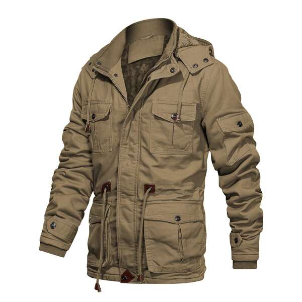 

Men Flap Pocket Drawstring Waist Teddy Lined Zipper Hooded Coat, Khaki
