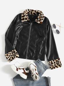拼接豹紋拼塊拉鏈開襟PU皮革夾克 - 黑色 - 查看 1