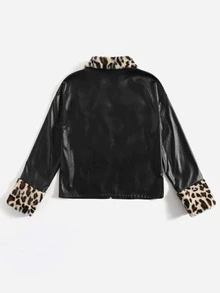 拼接豹紋拼塊拉鏈開襟PU皮革夾克 - 黑色 - 查看 2