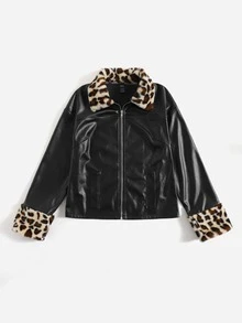 拼接豹紋拼塊拉鏈開襟PU皮革夾克 - 黑色 - 查看 3