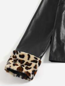 拼接豹紋拼塊拉鏈開襟PU皮革夾克 - 黑色 - 查看 4